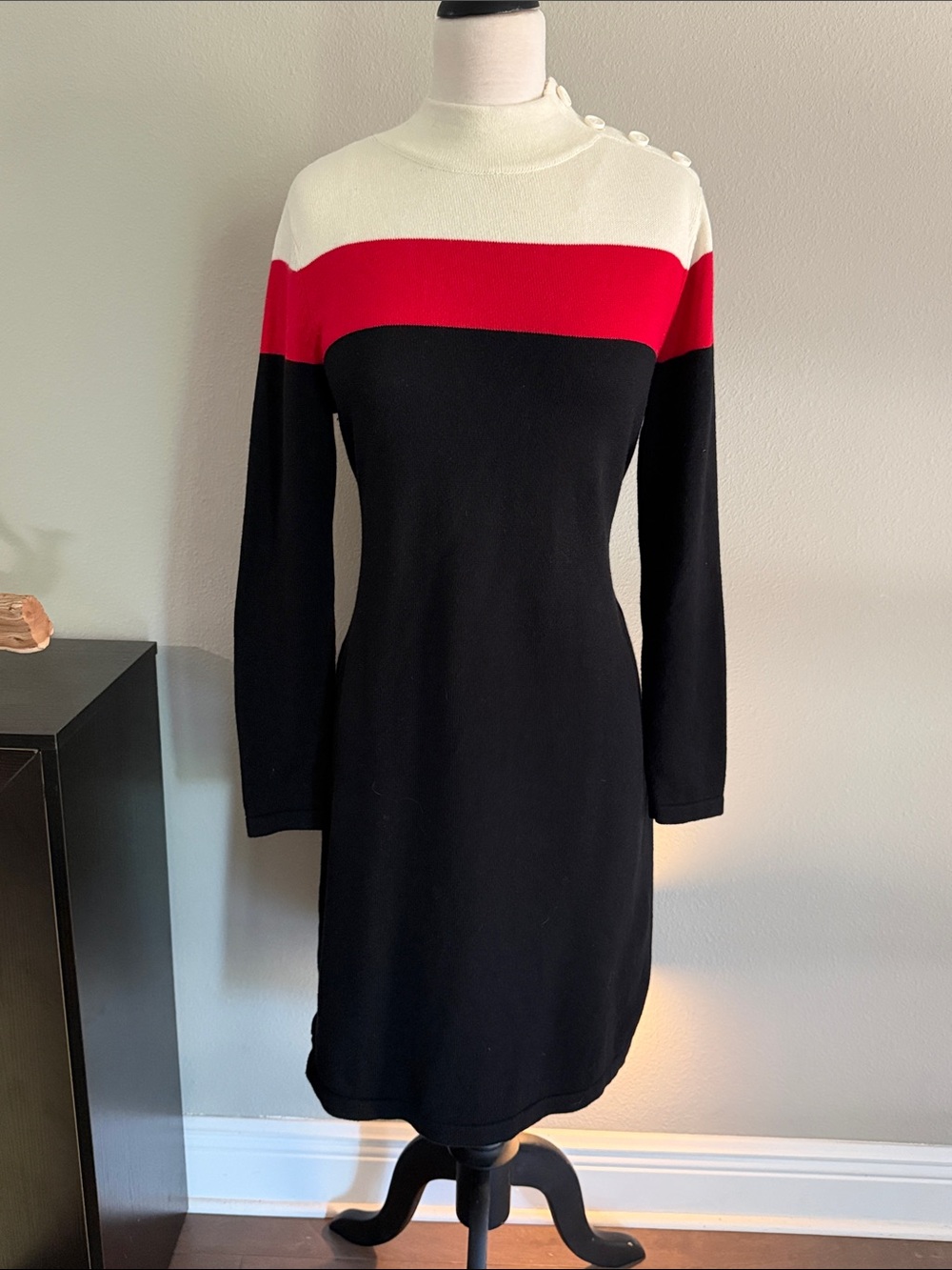 Talbots Black Dress with Red Chest Stripe and Cream Yoke